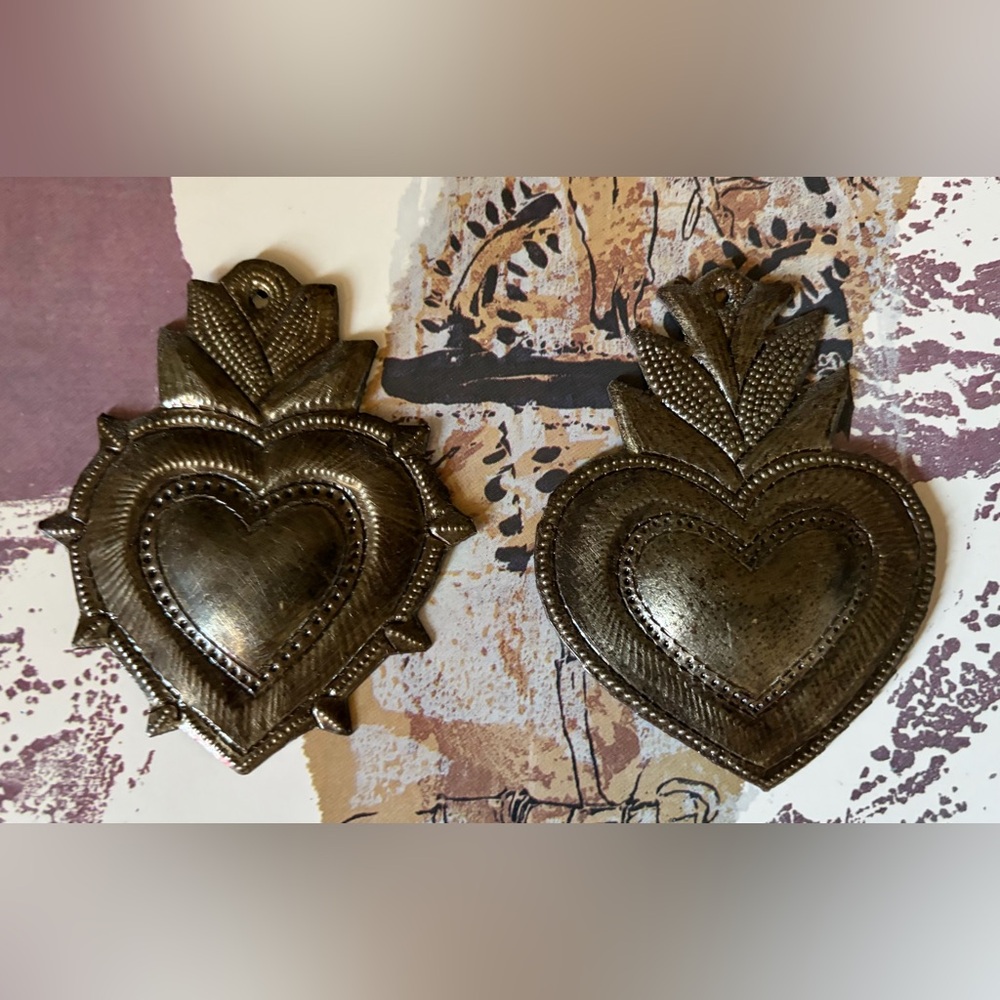 Metal Heart Wall Ornament Pair - Antique Gold Finish